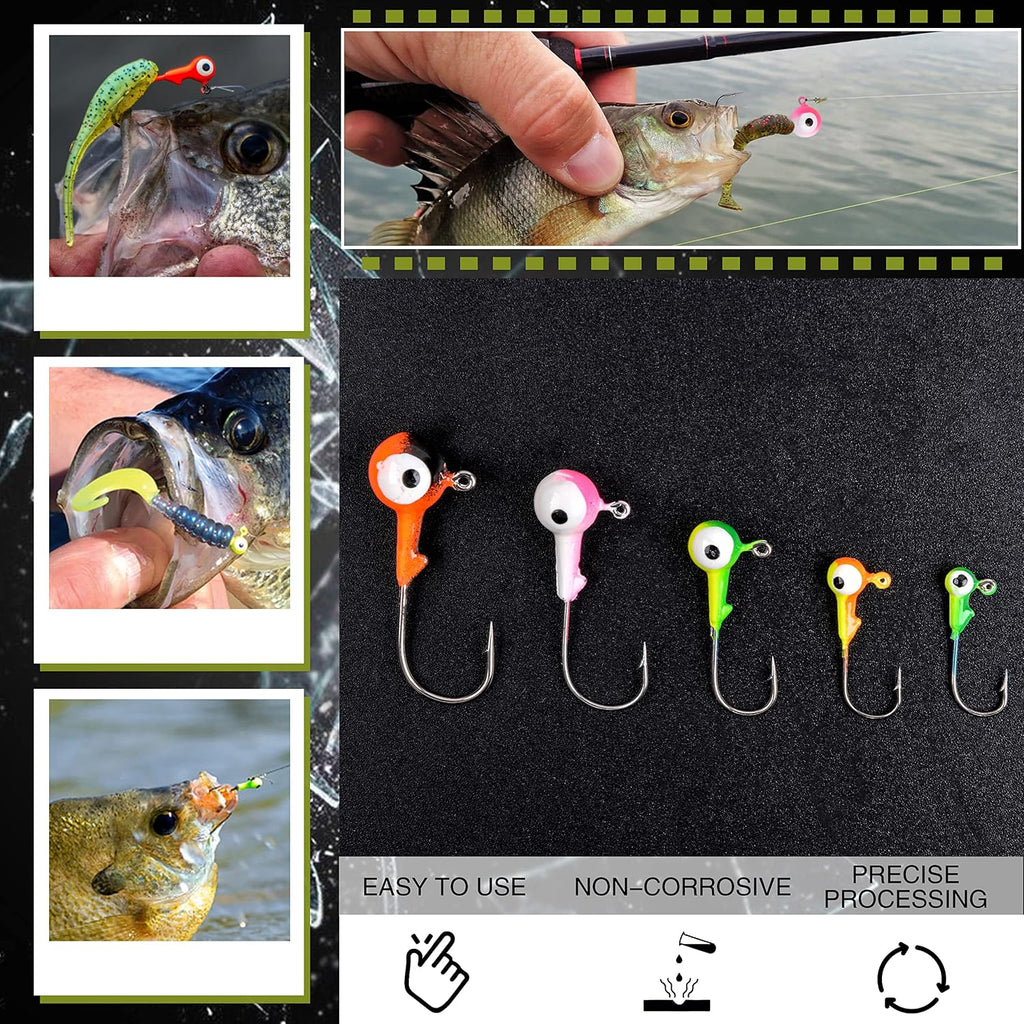 AGOOL Fishing Jig Heads Hooks Kit, 35/60pcs Round Ball Jig Heads Fishing Lures Crappie Jig Heads for Soft Plastic Baits Bass Trout Soft Worm Shrimp Lures Freshwater Saltwater
