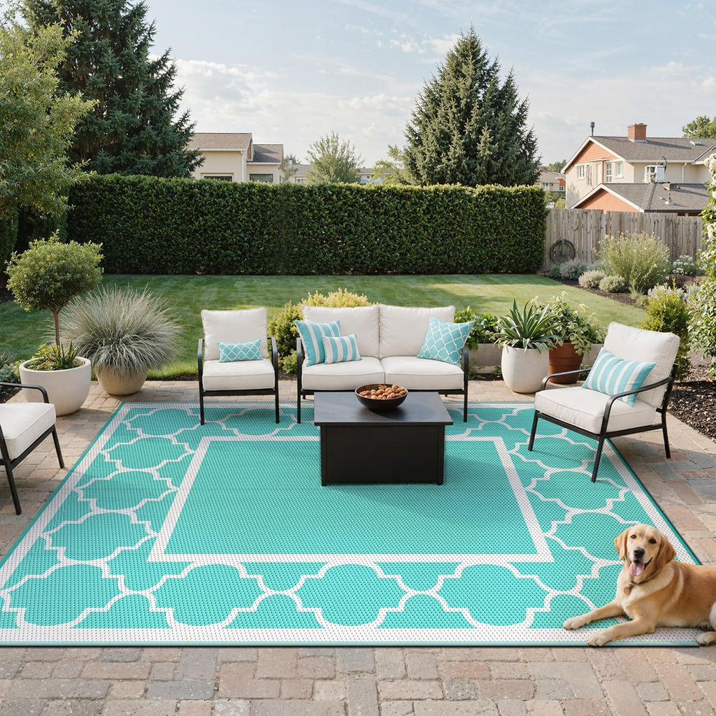 GENIMO Outdoor Rug, Waterproof Plastic Rugs for Patio, 8'x10' Aqua Blue