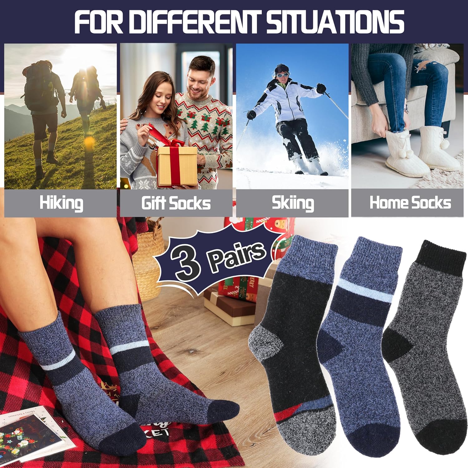 MOGGEI 3 Pairs Thermal Winter Socks for Women & Men Thick Extra Warm Insulated Ski Boot Socks for Cold Weather
