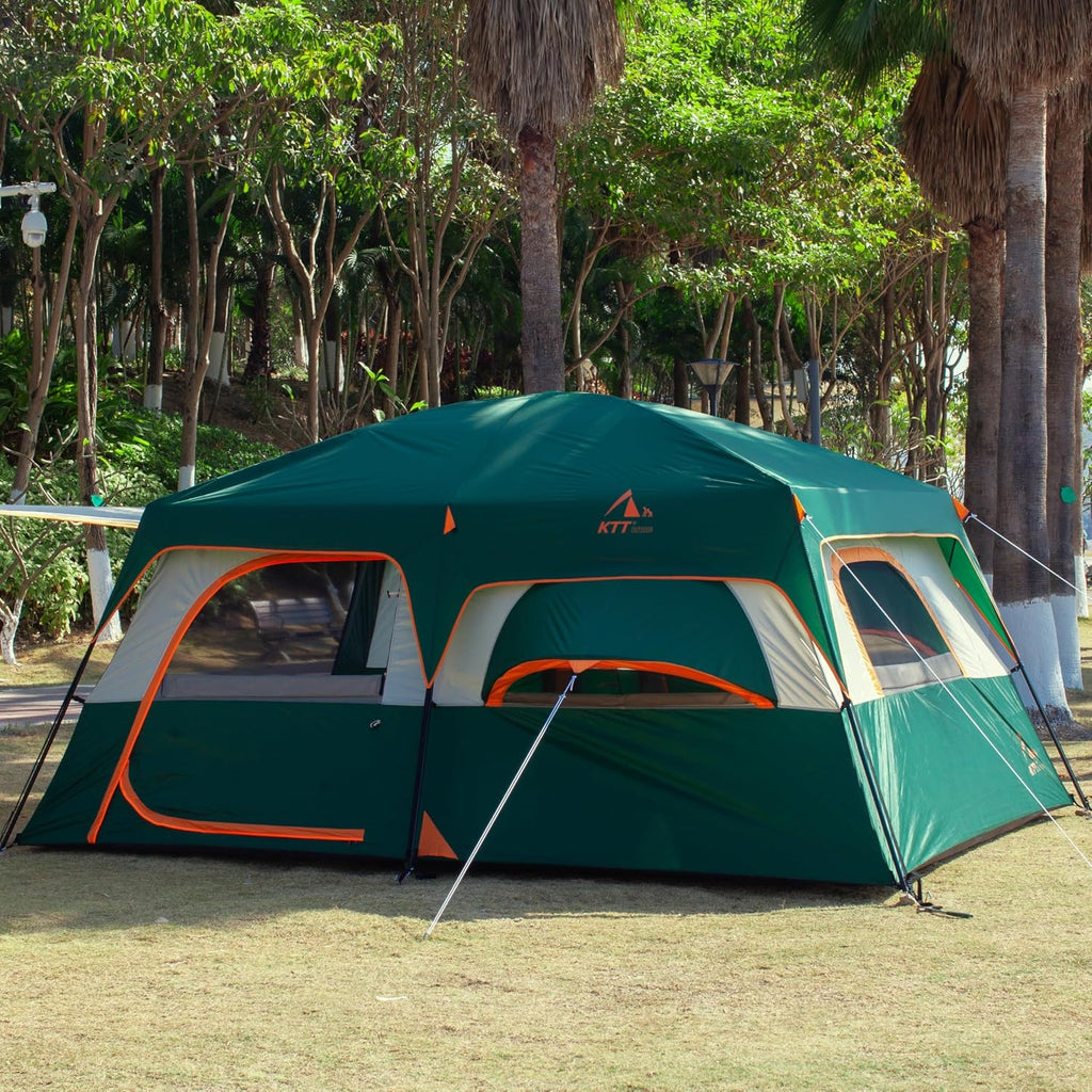 KTT Extra Large Tent 10-12 Person,Family Cabin Tents,2 Rooms,3 Doors and 3 Windows with Mesh,Straight Wall,Waterproof,Double Layer,Big Tent for Outdoor,Picnic,Camping,Family Gathering