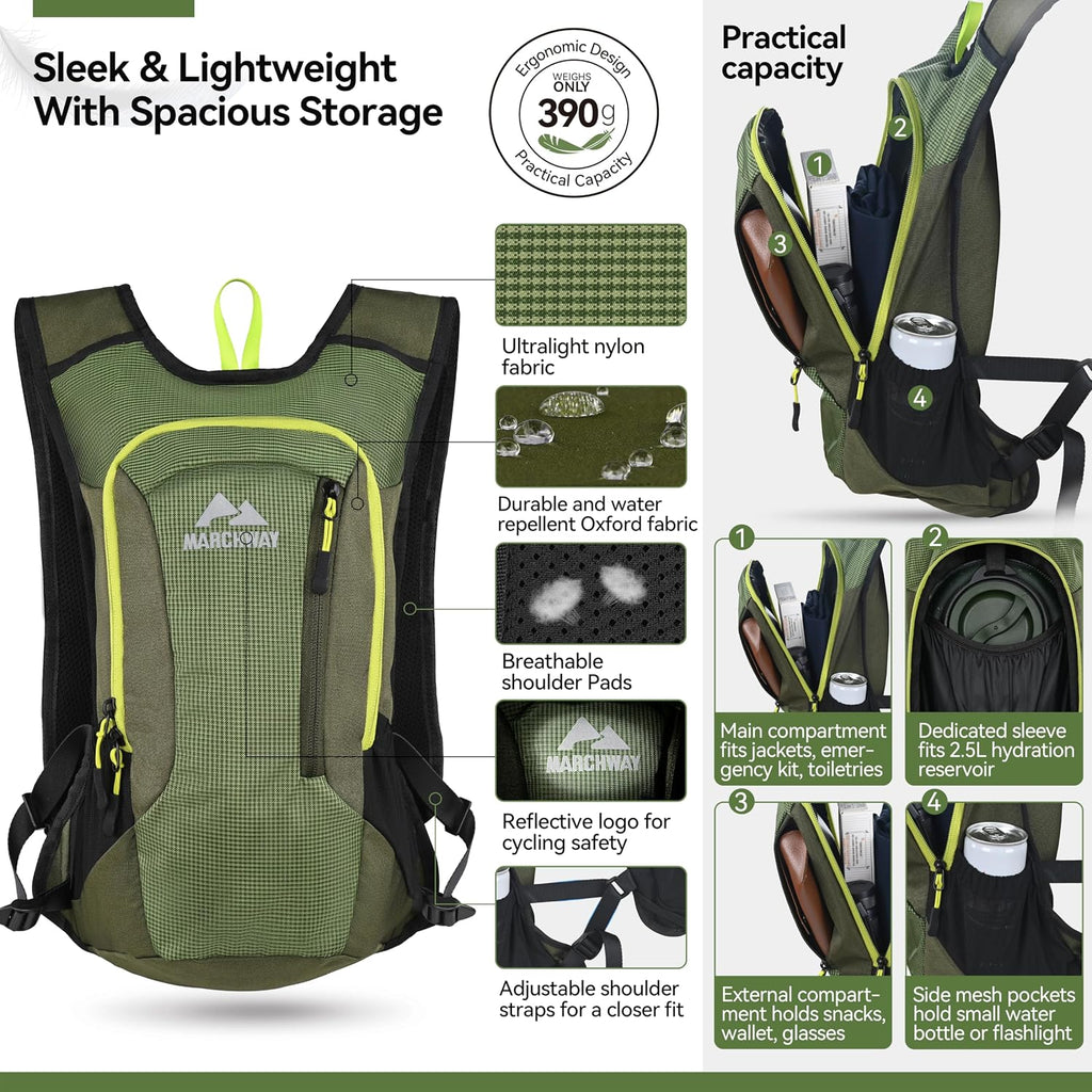 MARCHWAY Lightweight Hydration Backpack with Vest Style Straps & 2.5L TPU Water Bladder, Versatile Sleek Multi-Pocket Pack for Hiking, Cycling, Running, Backpacking, Travel