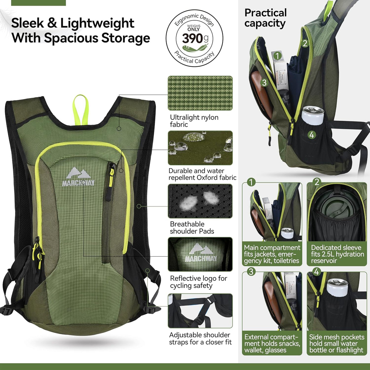 MARCHWAY Lightweight Hydration Backpack with Vest Style Straps & 2.5L TPU Water Bladder, Versatile Sleek Multi-Pocket Pack for Hiking, Cycling, Running, Backpacking, Travel