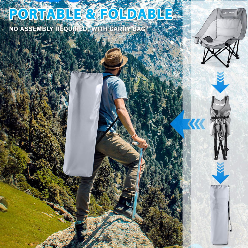 PRETZI Outdoor Oversized Camping Chair, Heavy Duty Support 500 LBS for Adults, Portable Folding Wide Lawn Chair with Headrest Support and Cup Holder, Low Camping Chair for Fishing, Garden, Grey