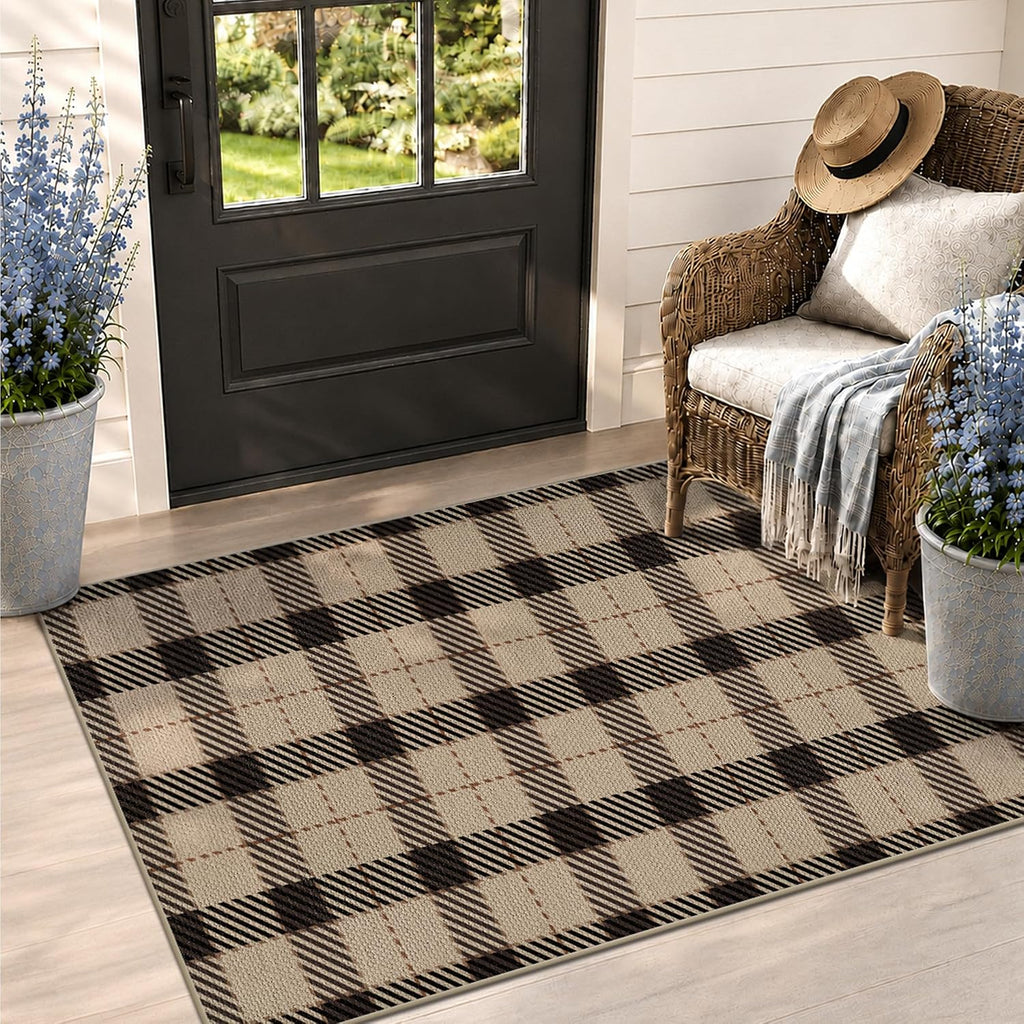 JTJ Outdoor Rug 3x5 for Front Porch, Washable Easy Jute Indoor Outdoor Rug, Non Slip Entryway Area Rug for Patio, Kitchen, Balcony, Farmhouse Black & Tan Plaid Rug