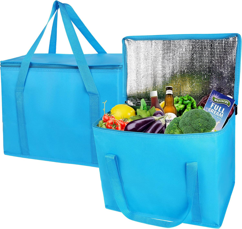 musbus 2-Pack extra Insulated Grocery shopping bag, large Blue, reusable bags,Pizza,Sturdy zipper,Collapsible,tote,cooler,for transport women,for instacart,Durable,thermal