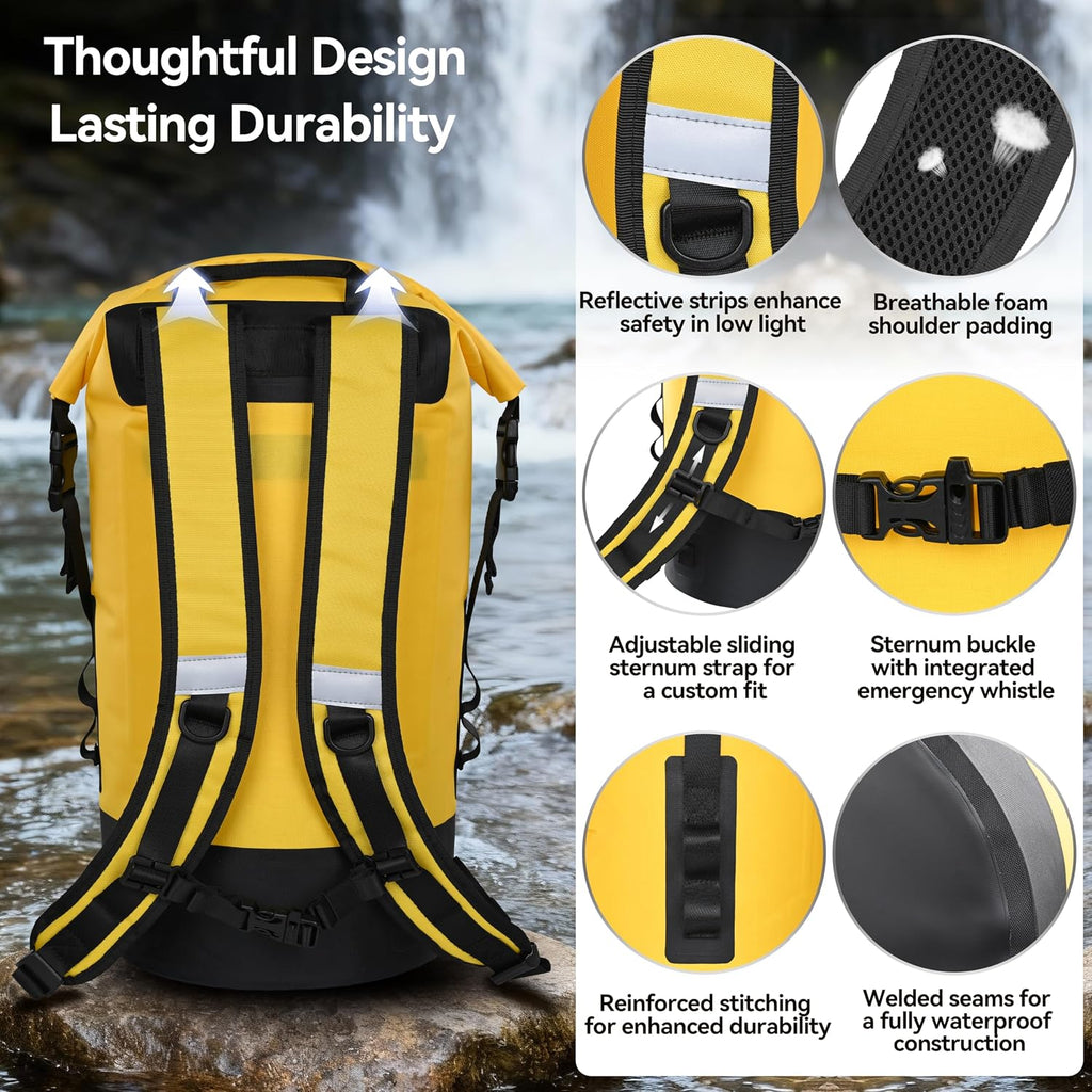 MARCHWAY Floating Roll Top Dry Bag, Flexible Lightweight TPU-coated Nylon Waterproof Backpack 20L/30L/40L with Padded Straps for Boating, Kayaking, Swimming, Hiking, Beach (Yellow, 30L)