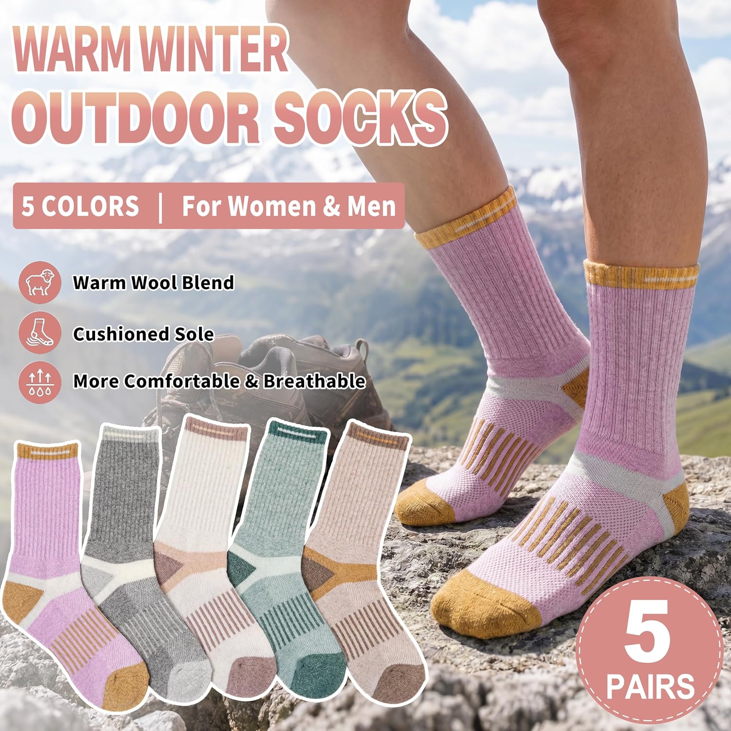 MOGGEI 5 Pairs Merino Wool Hiking Socks Warm Thermal Winter Cozy Cushioned Moisture Wicking Socks for Women & Men