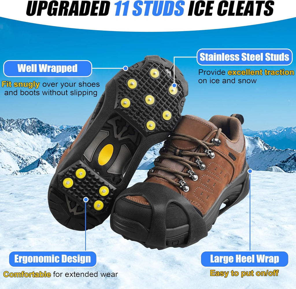 Ice Cleats for Shoes and Boots, Walk Traction Snow Cleats Crampons Anti Slip 11 Studs Ice Shoes Grippers for Women Men Ice Fishing Walking on Snow Ice