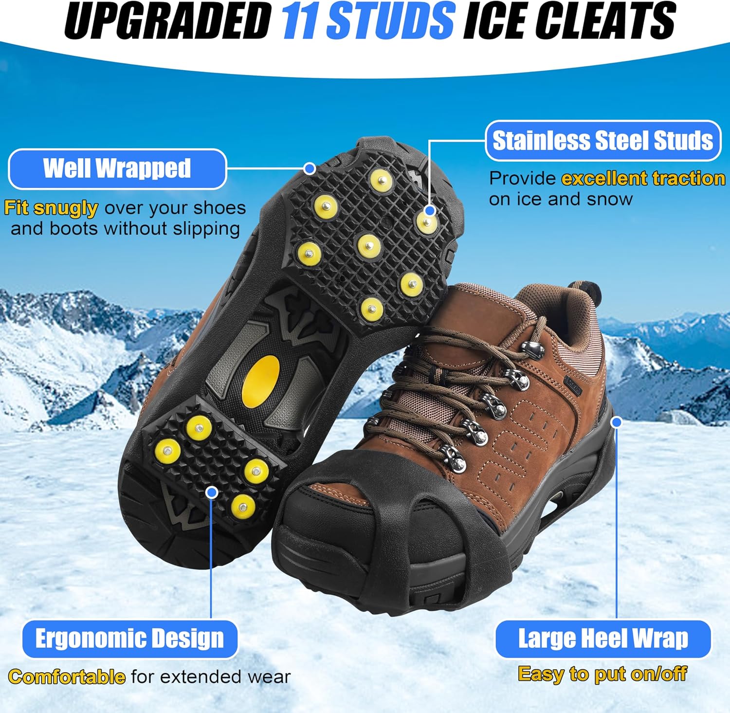 Ice Cleats for Shoes and Boots, Walk Traction Snow Cleats Crampons Anti Slip 11 Studs Ice Shoes Grippers for Women Men Ice Fishing Walking on Snow Ice