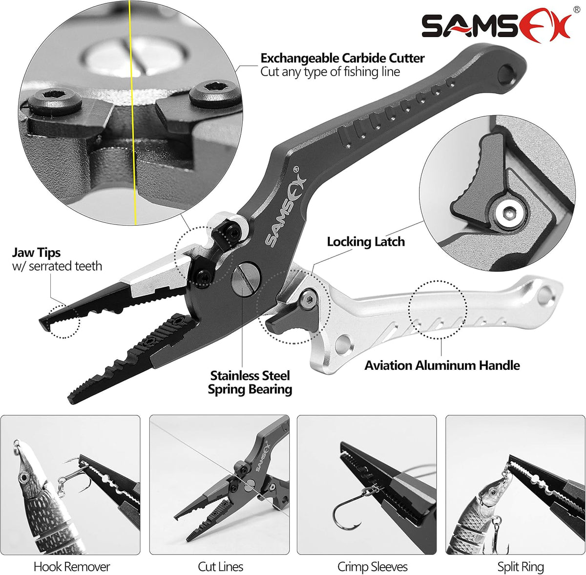 SAMSFX Aluminum Fishing Pliers Hook Remover Braid Line Cutter with Coiled Lanyard, Fly Fishing Knot Tying Tool & Retractors