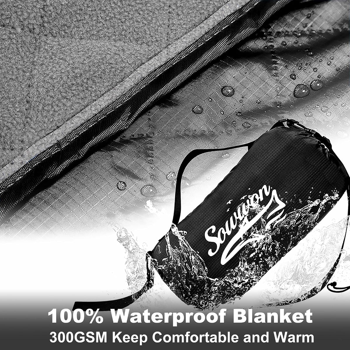 Waterproof Outdoor Blanket 91"x60" Large Quilted Fleece 300GSM Black