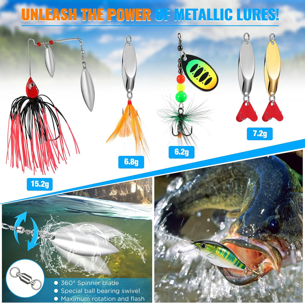 PLUSINNO Fishing Lures Fishing Tackle Box Fishing Gifts for Men, Bass, Trout Fishing Accessories Kit for Saltwater & Freshwater Fishing Gear Including Topwater Lures, Hooks, Spinnerbaits
