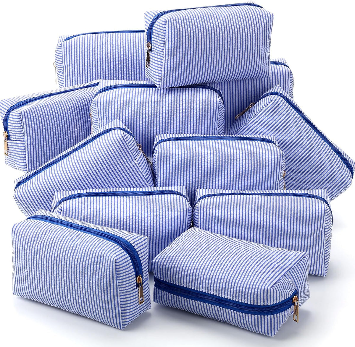 Sanwuta 12 Pcs Seersucker Cosmetic Bags Bulk, Striped Zippered,Blue