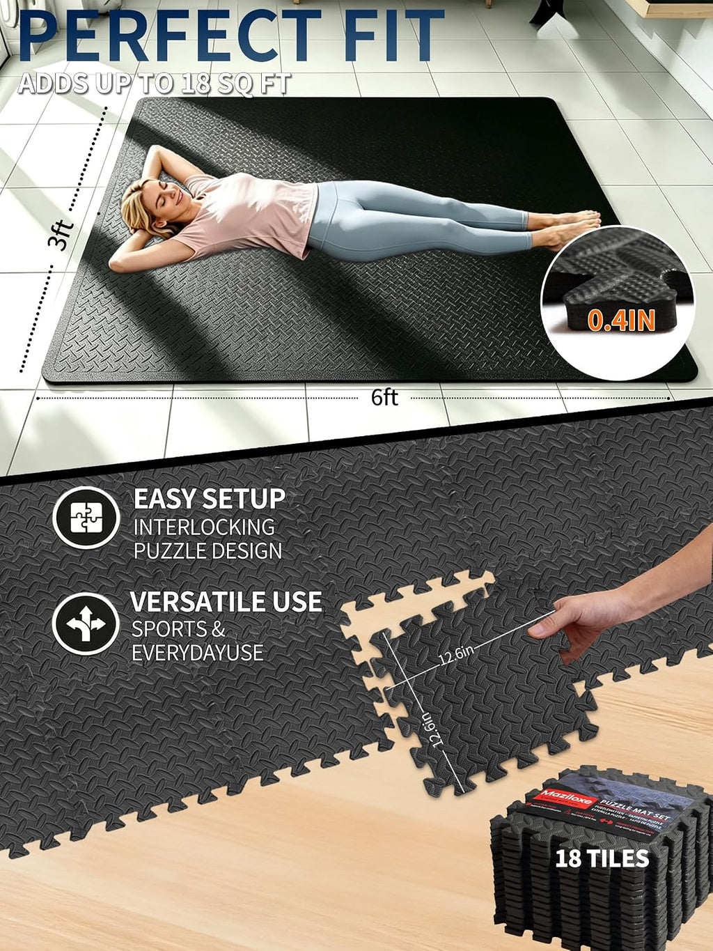 Gym Flooring for Home Gym, 18 PCS Anti-Slip Interlocking Foam Floor Tiles, 12.6"x12.6"x0.4" EVA Exercise Mats, Puzzle Floor Mat For Workout, Yoga, Kids Play Area, Treadmill, Garage