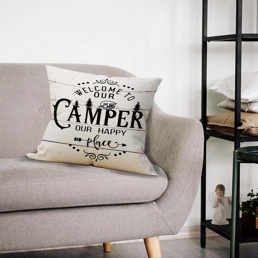 Mancheng-zi Happy Camper Pillow - 18 x 18, Camper Decor, RV Decorations
