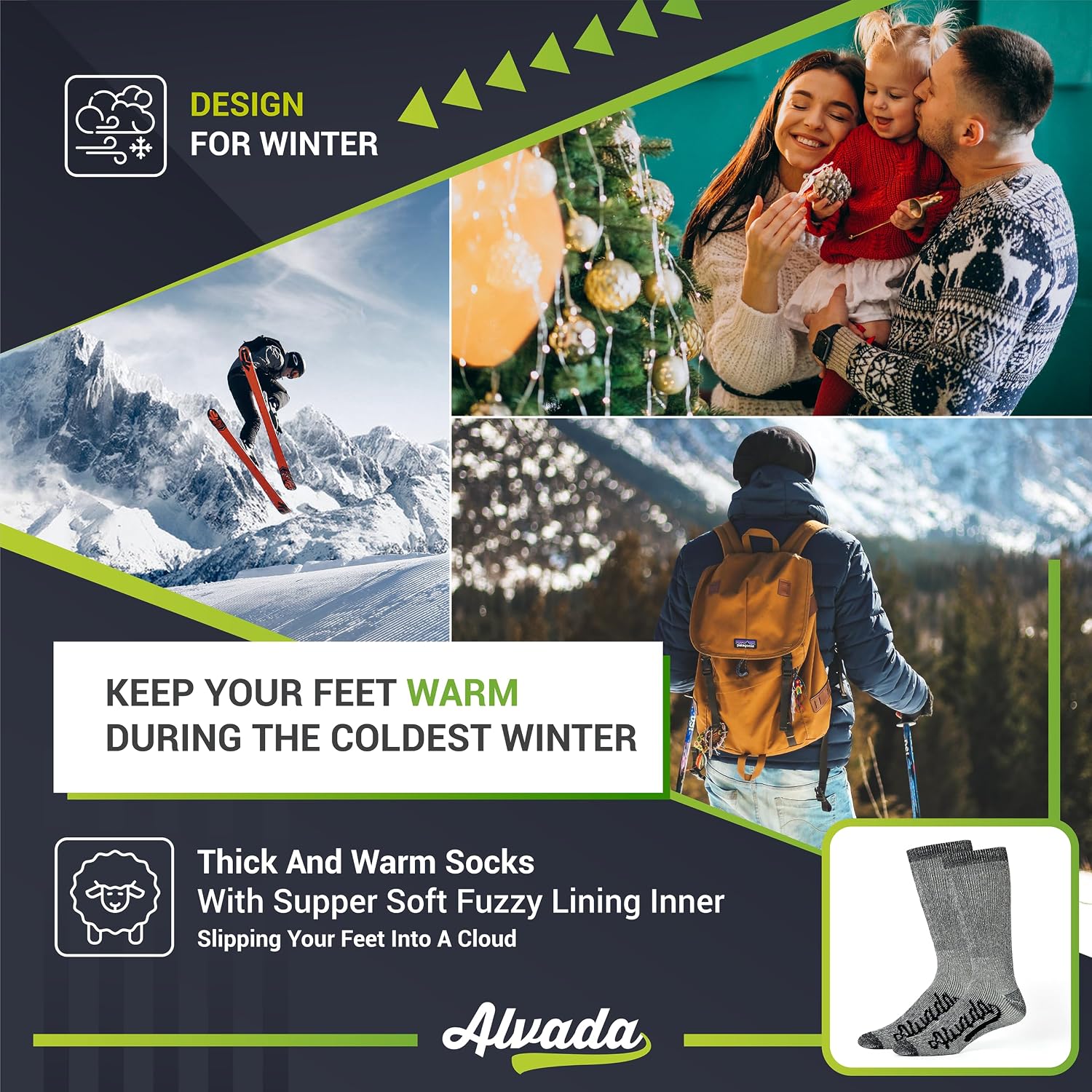 Alvada Mens Merino Wool Crew Socks Thermal and Warm Socks for Winter Work Hiking Running 3 Pairs