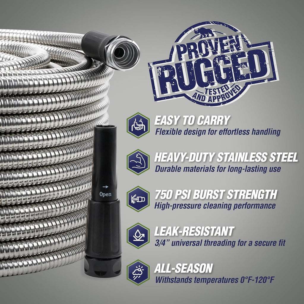 RUGGED RHINO Metal Garden Hose with Spray Nozzle, 50FT, 304 Stainless Steel, 750 PSI Burst Strength, Heavy Duty Flexible Water Hose, Kink Resistant, Leakproof for Yard, Lawn and Outdoor Use, Silver