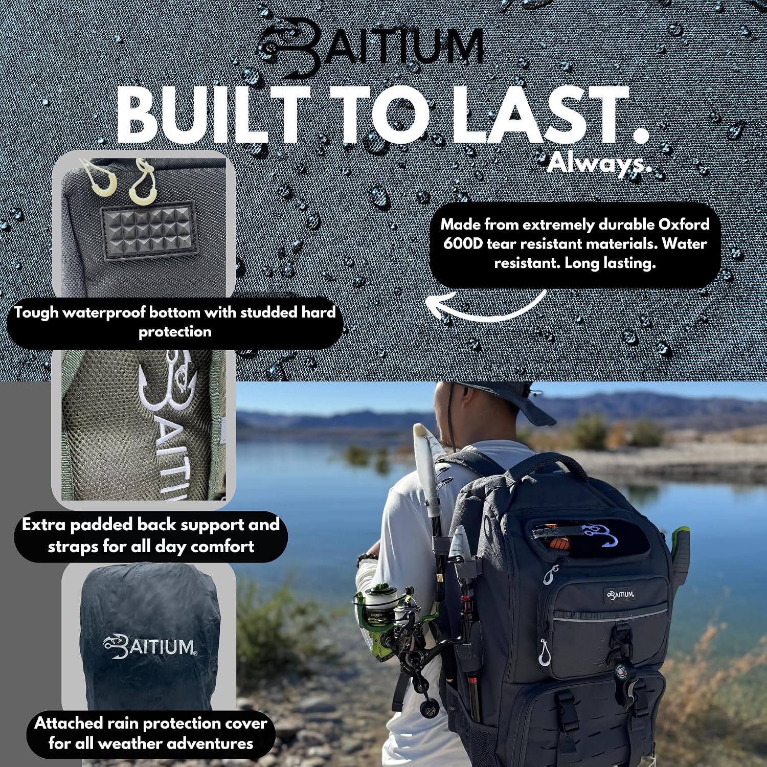 Baitium Fishing Backpack, Tackle Bag With Rod Holders, 40L Capacity With Cooler, Rain Cover, Insulated Pocket, 4 Tackle Trays Included- (Green)