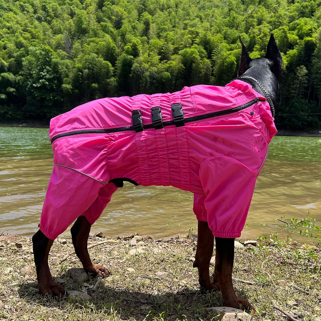 Lovelonglong Waterproof Dog Raincoat – 4-Leg Full Body Dog Rain Suit with Reflective Strips & Leash Opening, Outdoor Dog Jacket for Rainy Weather