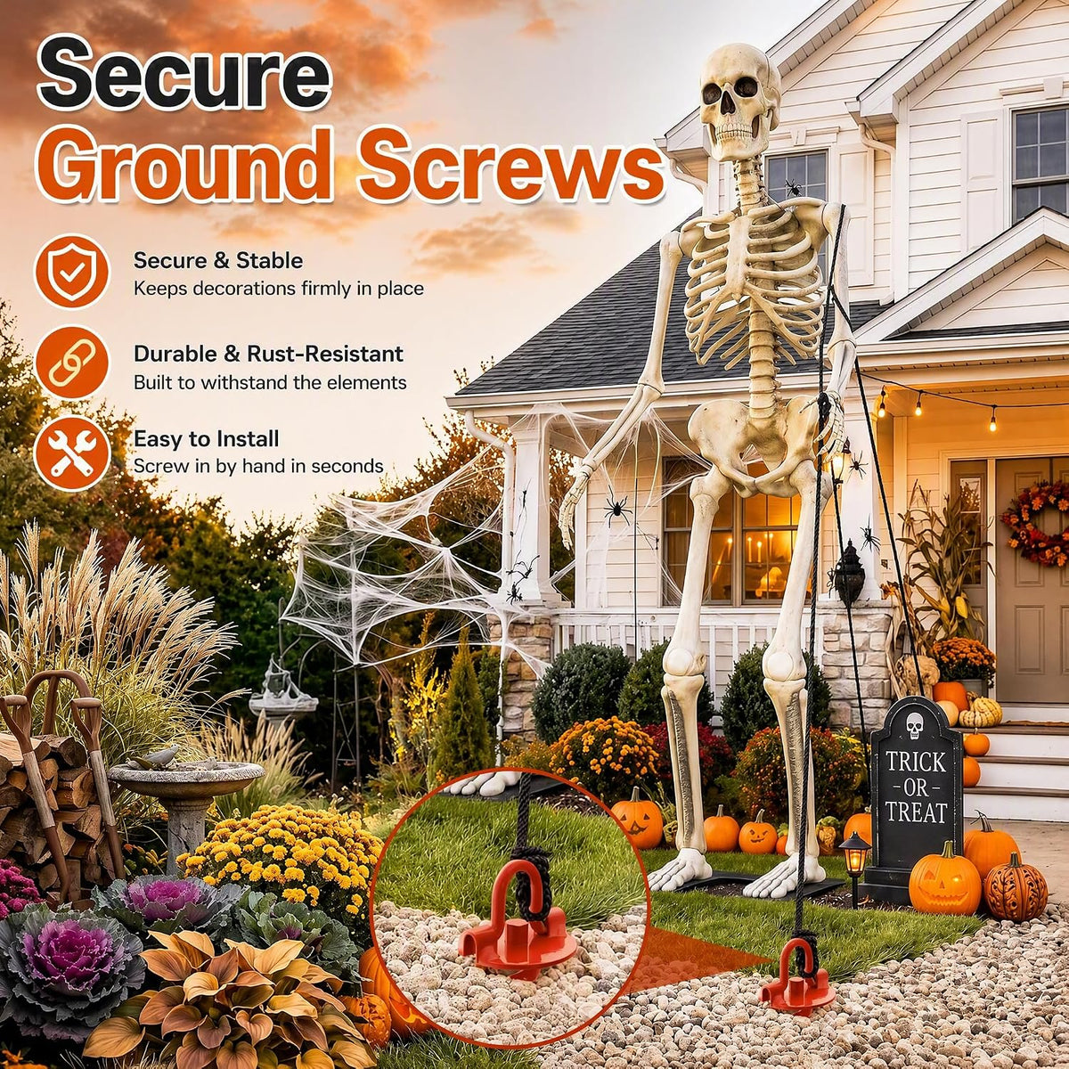 4 Pack Heavy Duty Spiral Ground Anchors with Drill Adapter, 12.4" Screw-in Metal Earth Stakes for Trampolines, Dog Tie Out, Sheds and Tents, Orange