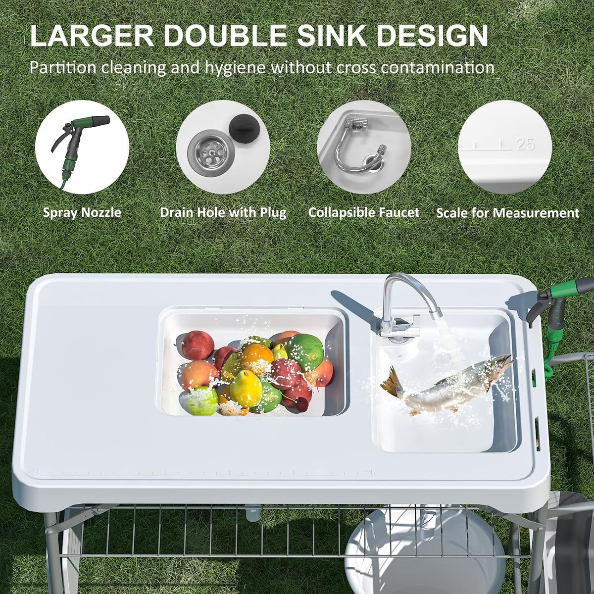 42.5" Fish Cleaning Table with Dual Sink for Camping, Picnic, White