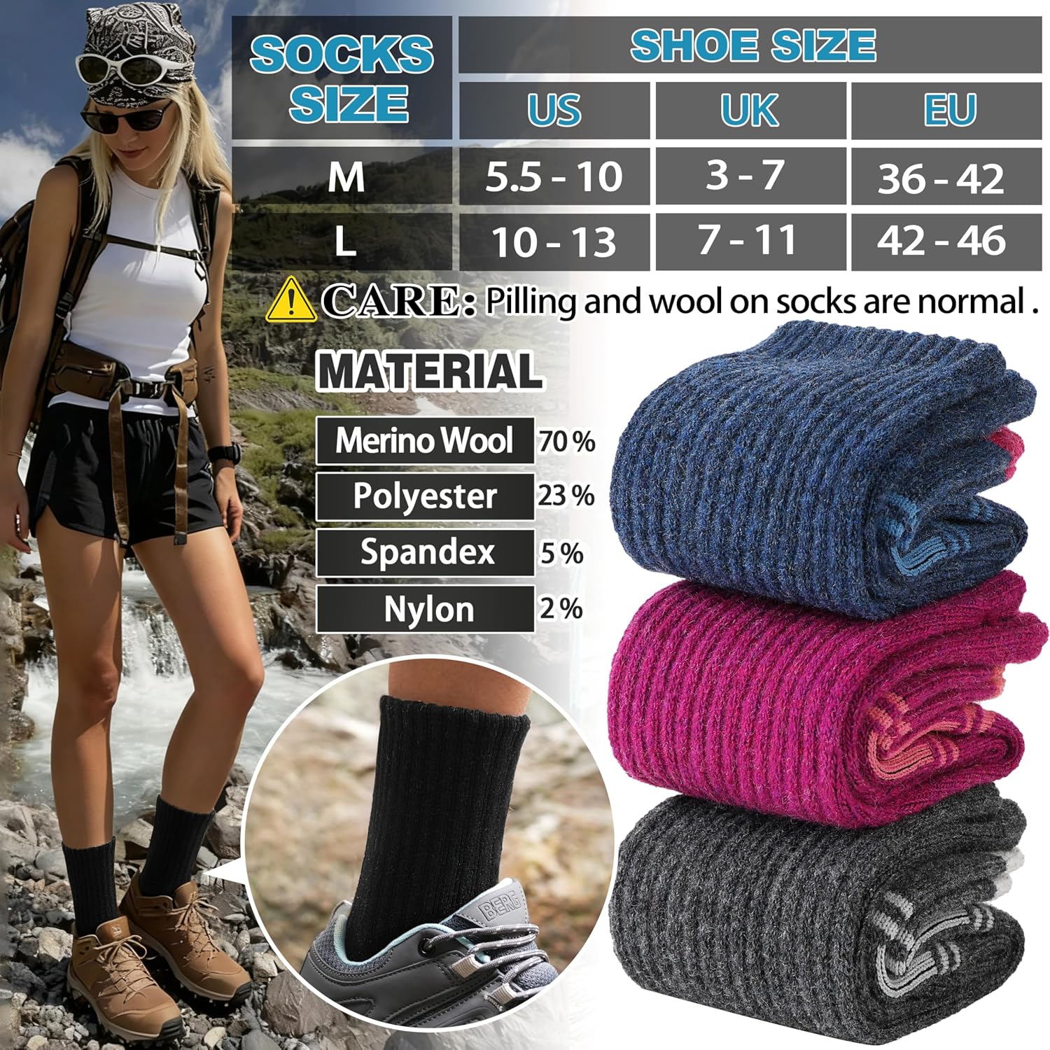 EBMORE 5 Pairs Womens Merino Wool Hiking Socks Thermal Warm Winter Boot Crew Cushion Work Gift Socks