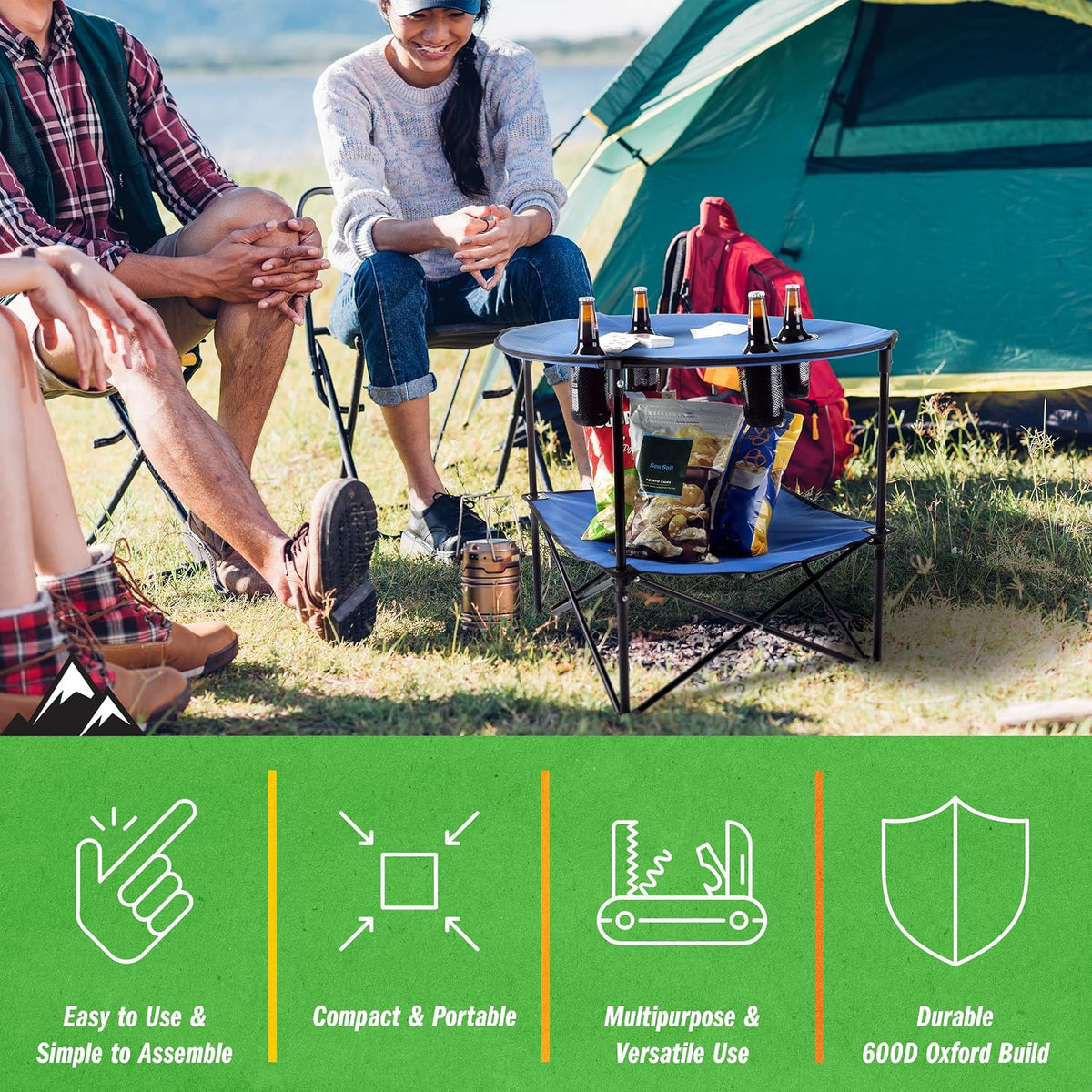 Wakeman Camp Table - Round 2-Tier Folding Table with 4 Cupholders and Carrying Bag - for Camping, Beach, Picnic, Sporting Events, and More Outdoors,Blue
