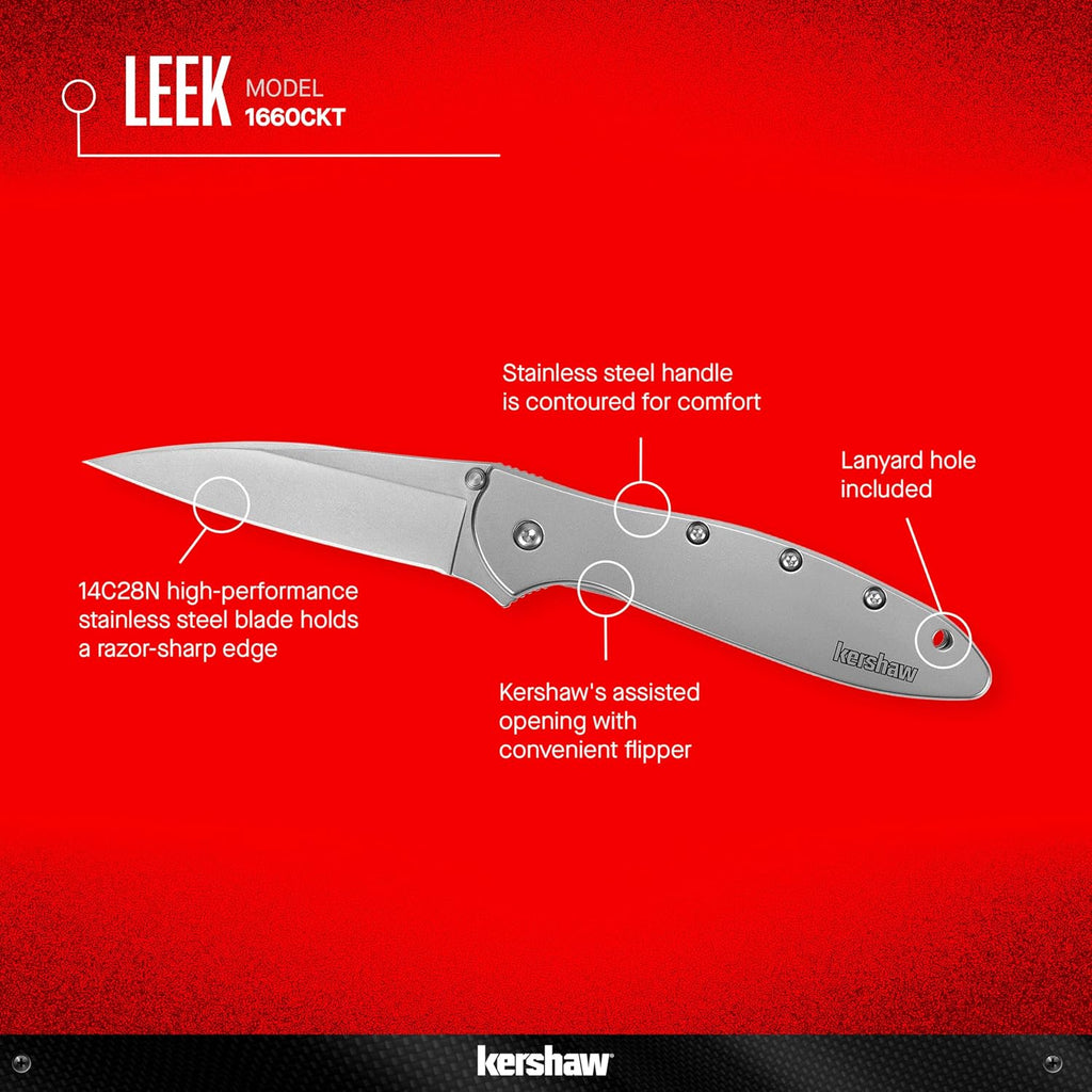 Kershaw Leek, BlackWash Pocket Knife (1660BLKW); 3 Sandvik 14C28N Steel Blade, 410 Stainless Steel Handle, BlackWash Finish, SpeedSafe Assisted Open, Frame and Tip Locks, Reversible Pocketclip; 3 OZ