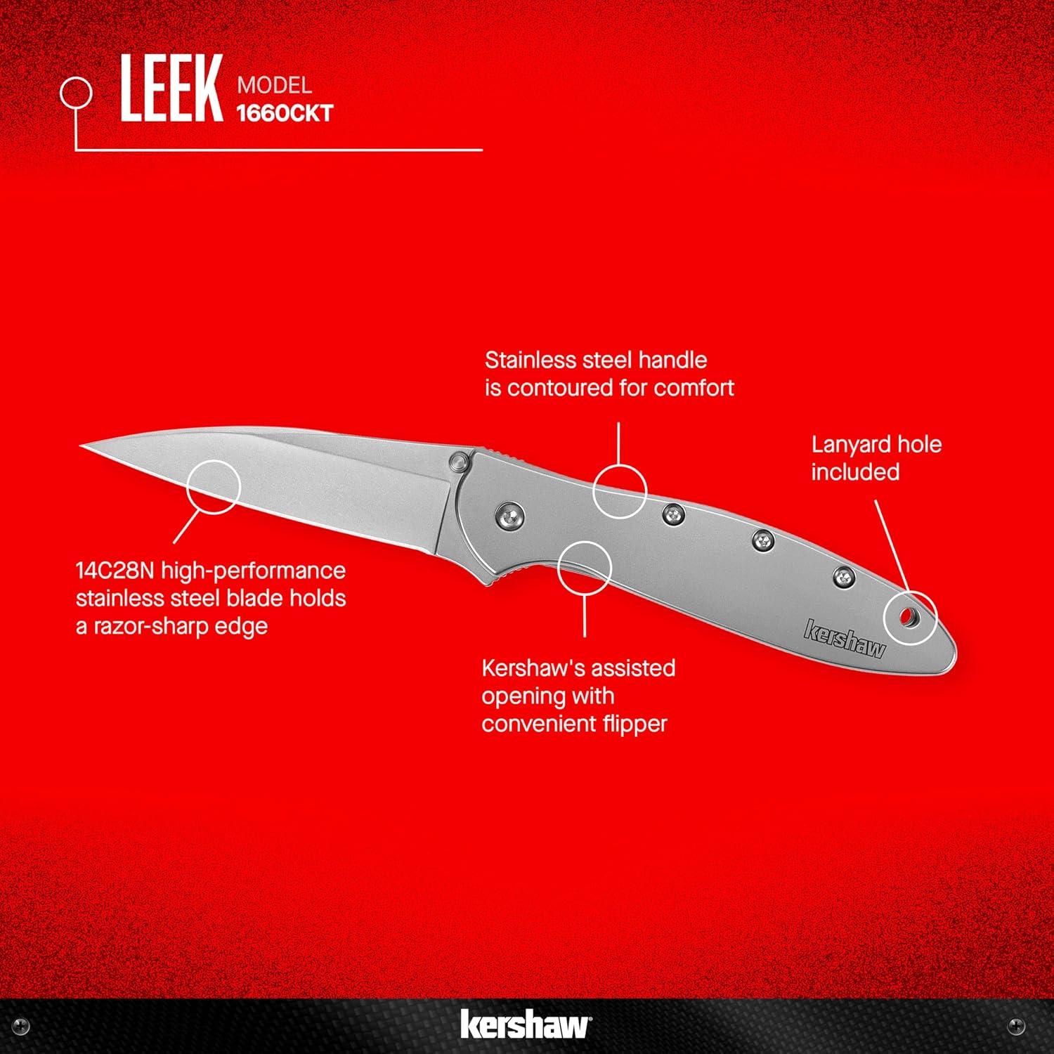 Kershaw Leek, BlackWash Pocket Knife (1660BLKW); 3 Sandvik 14C28N Steel Blade, 410 Stainless Steel Handle, BlackWash Finish, SpeedSafe Assisted Open, Frame and Tip Locks, Reversible Pocketclip; 3 OZ