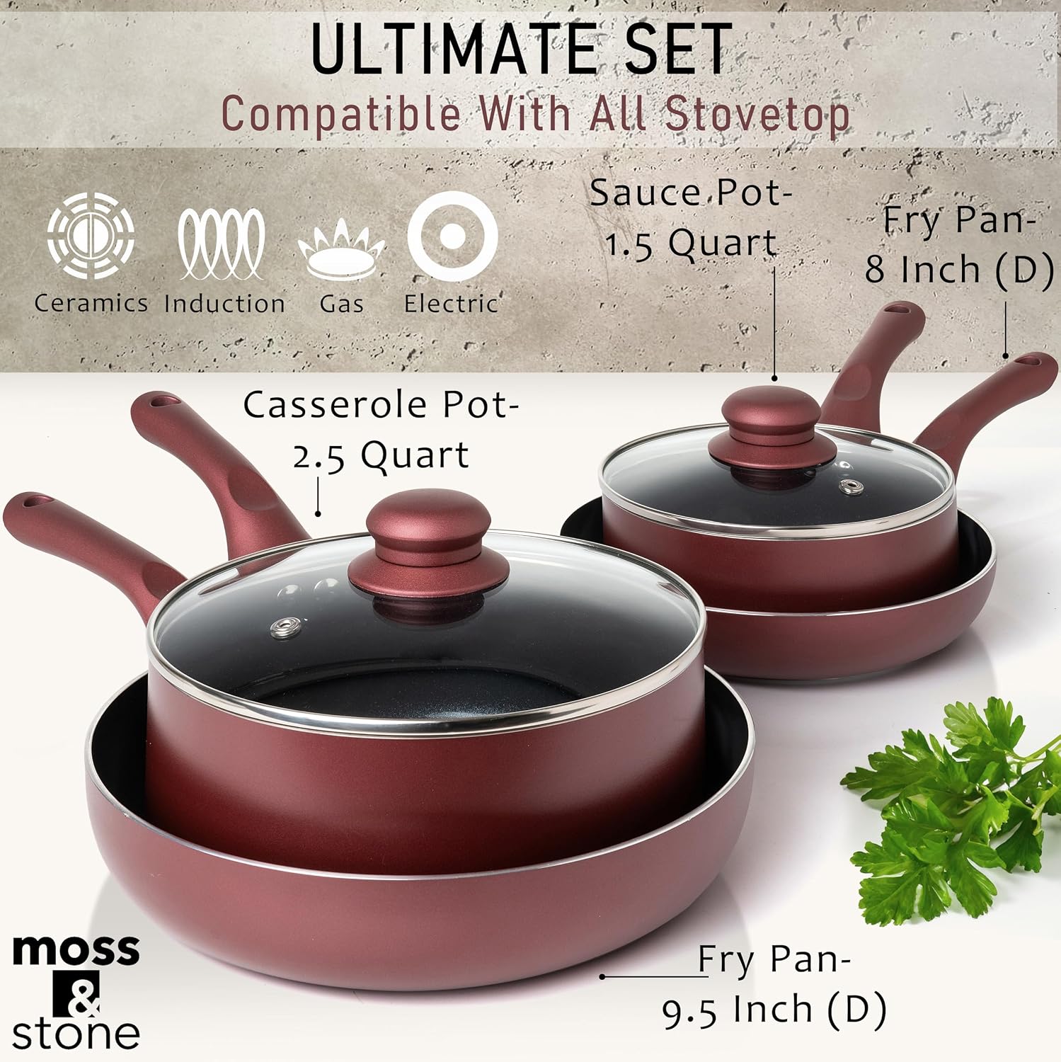 Moss & Stone Pots and Pans Set Nonstick, 6-Piece Induction Cookware Set