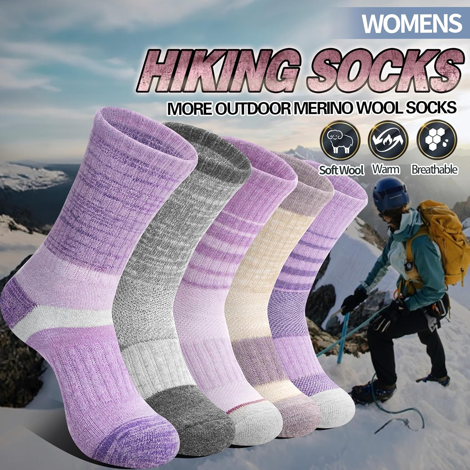 Anlisim Merino Wool Hiking Running Socks for Women, Boot Work Crew Socks