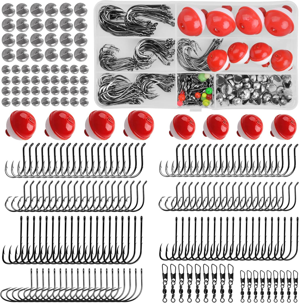 Fishing Bobbers Hooks Tackle Kit, 228pcs Basic Fishing Starter Kit Included Fishing Bobbers, Hooks, Weights Swivels Organized Fishing Tackle Box for Artificial and Live Baits Trout Panfish