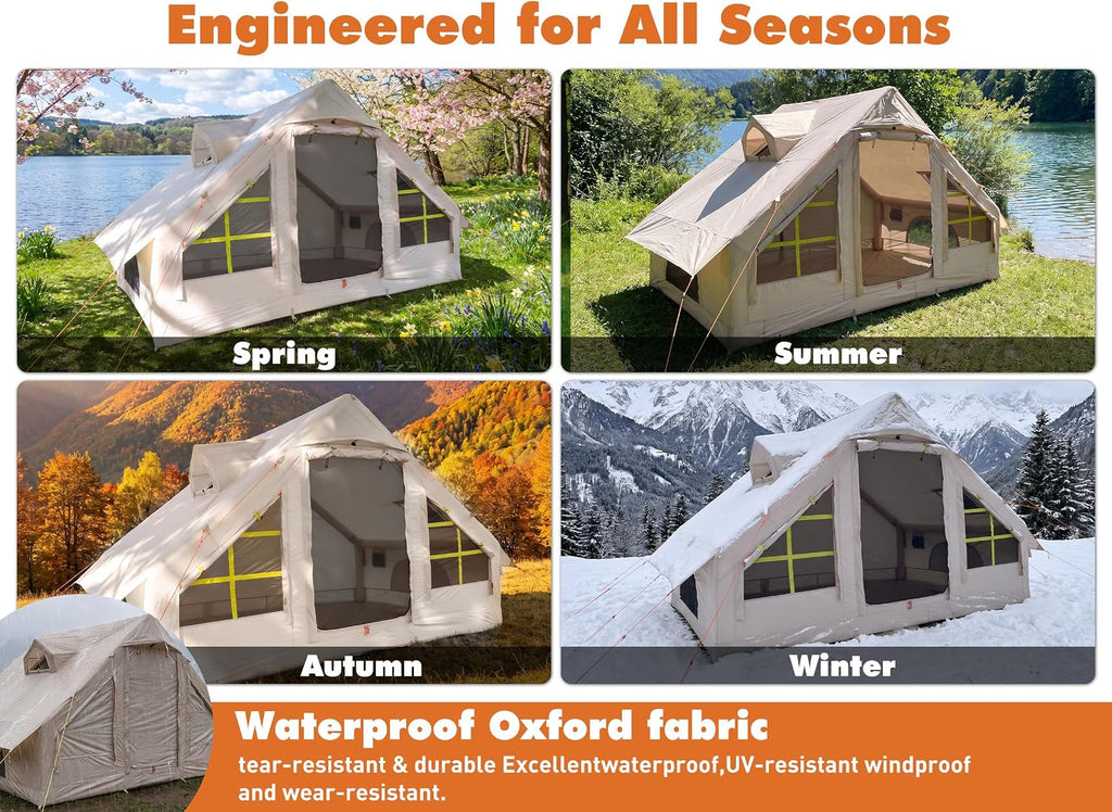 Inflatable Camping Tent for 4/6/8/10 Person, 4 Season Waterproof Blow Up Tent with Stove Jack & Skylight, Easy Setup Air Tent for Glamping & Family Camping