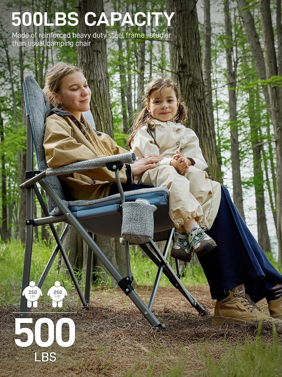 EVER ADVANCED Padded Oversized Folding Camping Chair for Adults, Heavy Duty Lawn Chair with Side Pockets, Portable Collapsible Quad Chair for Outside, Support Up to 500lbs, Light Blue