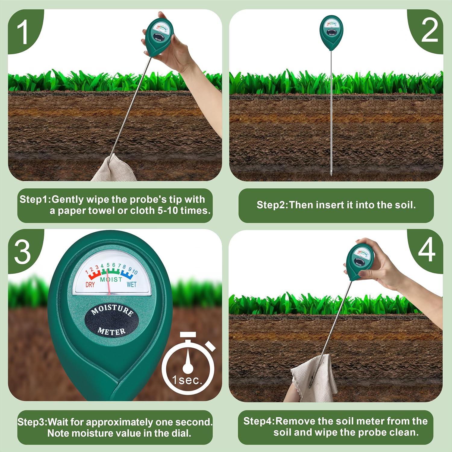 XLUX Long Probe Plant Soil Moisture Meter, Indoor Outdoor use, Battery-Free | longer stem for deeper use, instant read, anti-rust 304 SST probe, Easy-to-Read Display, Single-Probe, less hurts to roots
