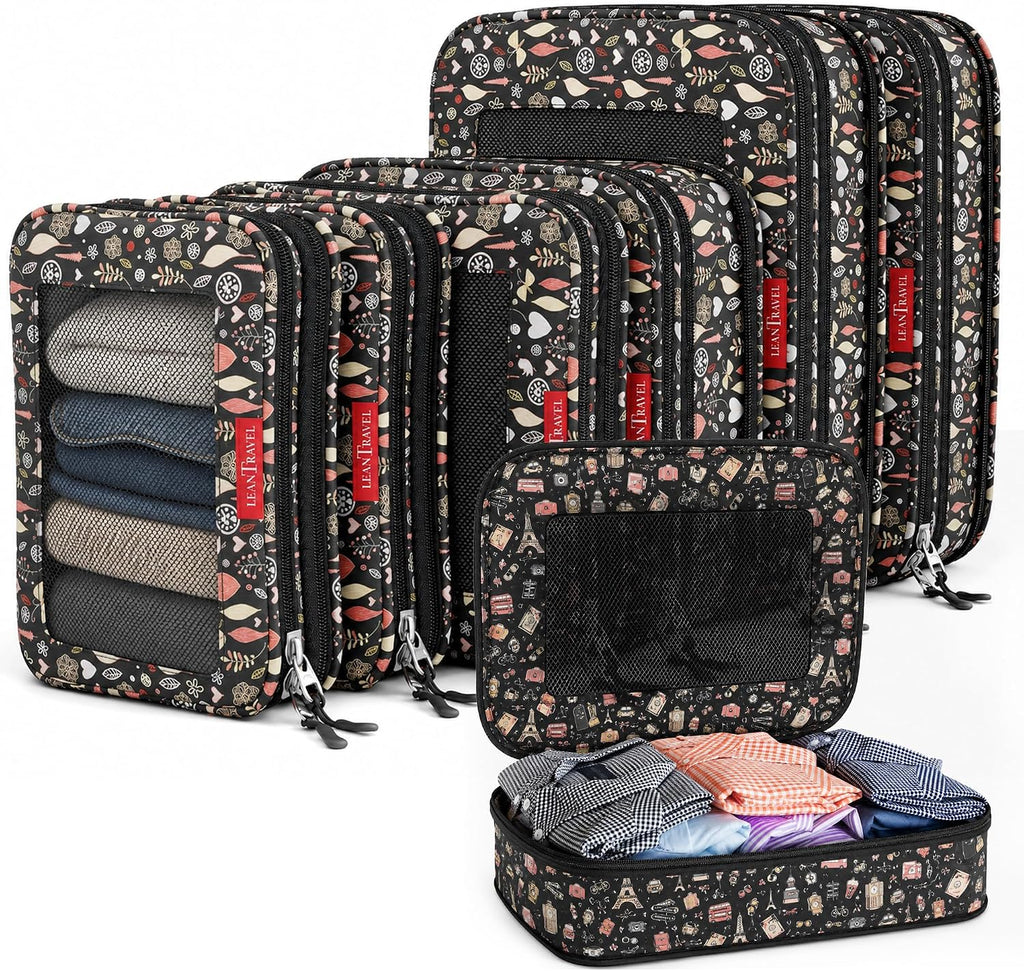 LeanTravel Premium Compression Packing Cubes for Travel - Suitcase Organizer Bags with Double Zipper & Breathable Mesh Panel - Space Saving Carry On Luggage Essentials (6-Pack, Flowers)