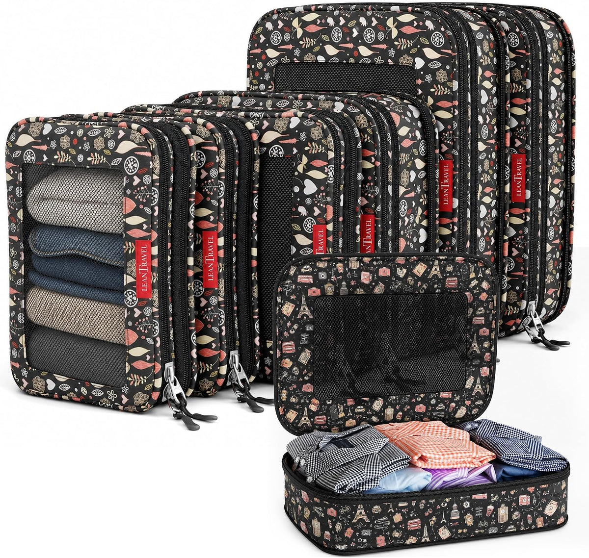 LeanTravel Premium Compression Packing Cubes for Travel - Suitcase Organizer Bags with Double Zipper & Breathable Mesh Panel - Space Saving Carry On Luggage Essentials (6-Pack, Flowers)
