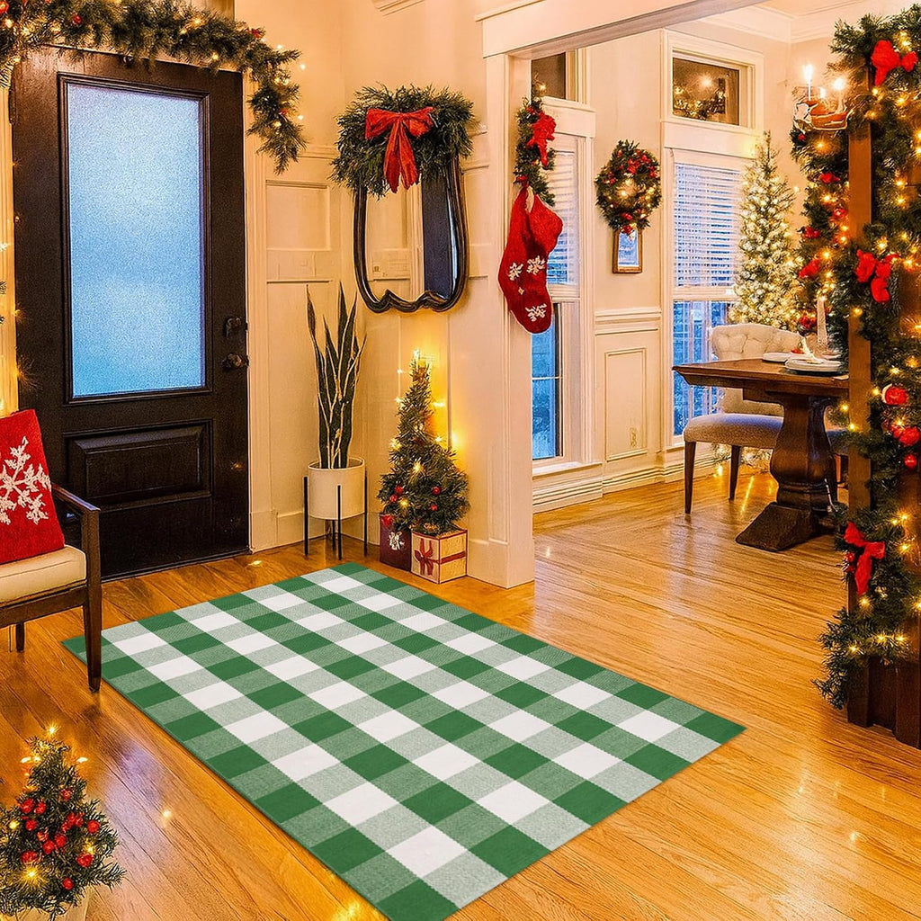 Christmas Green & White Plaid Rug - 4' x 6' Outdoor Front Door Decor Mat Cotton Washable Hand-Woven Rug Christmas New Year Holiday Porch Entryway Layered Doormat