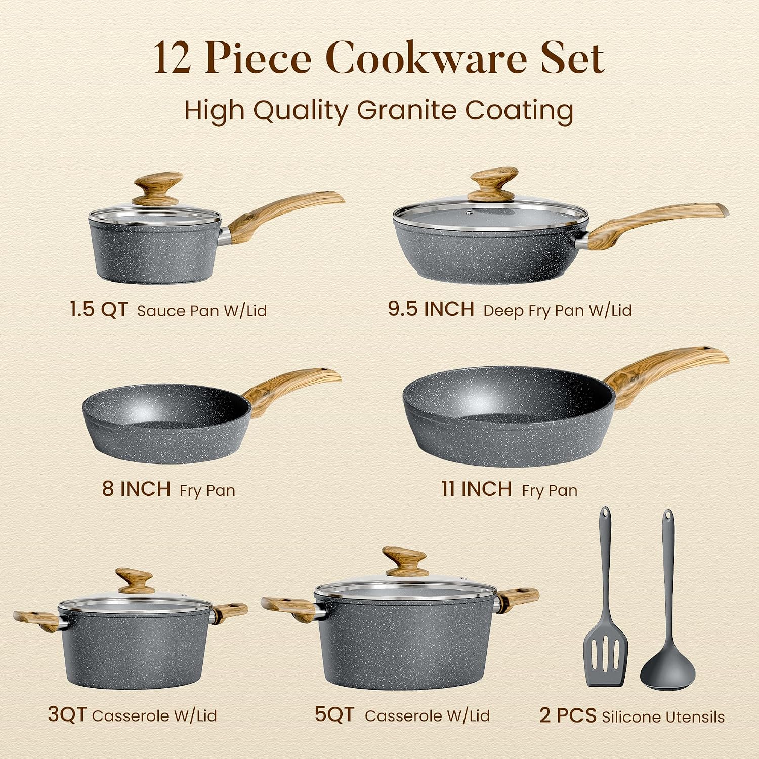 Kitchen Academy 12pcs Pots and Pans Set Non Stick, Induction Cookware