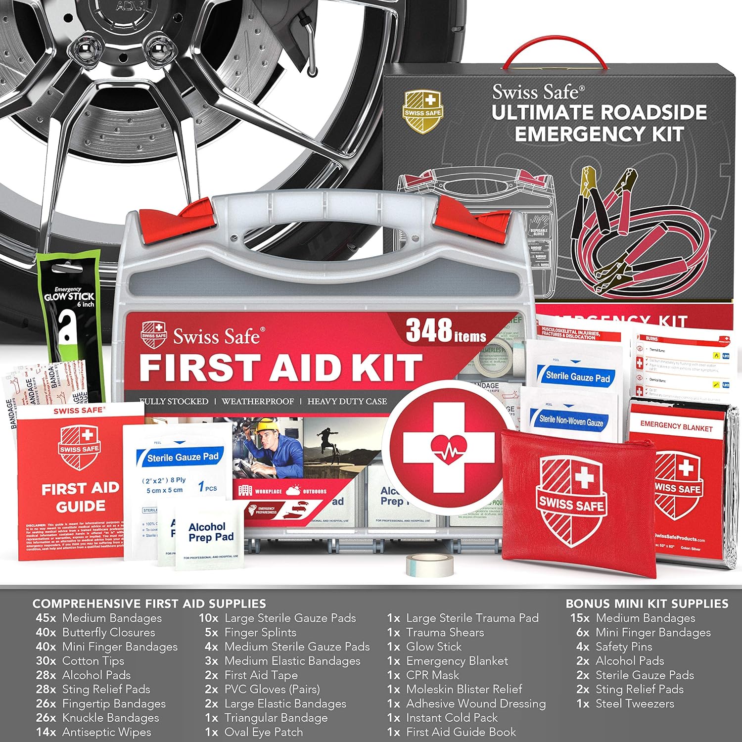 Swiss Safe 2-in-1 378-Pcs Car First Aid Kit, Jumper Cables, Essentials