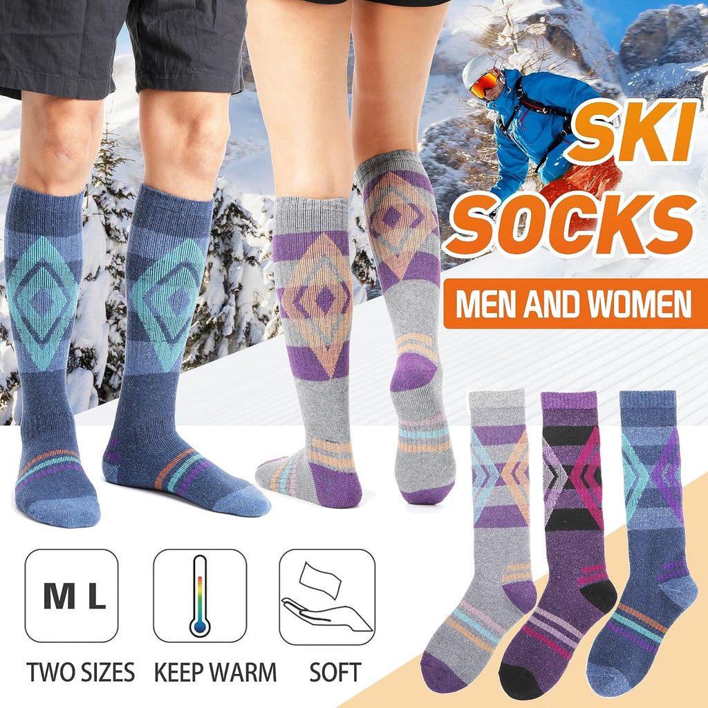 Welwoos 3 Pairs Merino Wool Ski Socks for Womens Mens Thermal Winter Warm Thick Knee High Socks for Skiing Snowboarding
