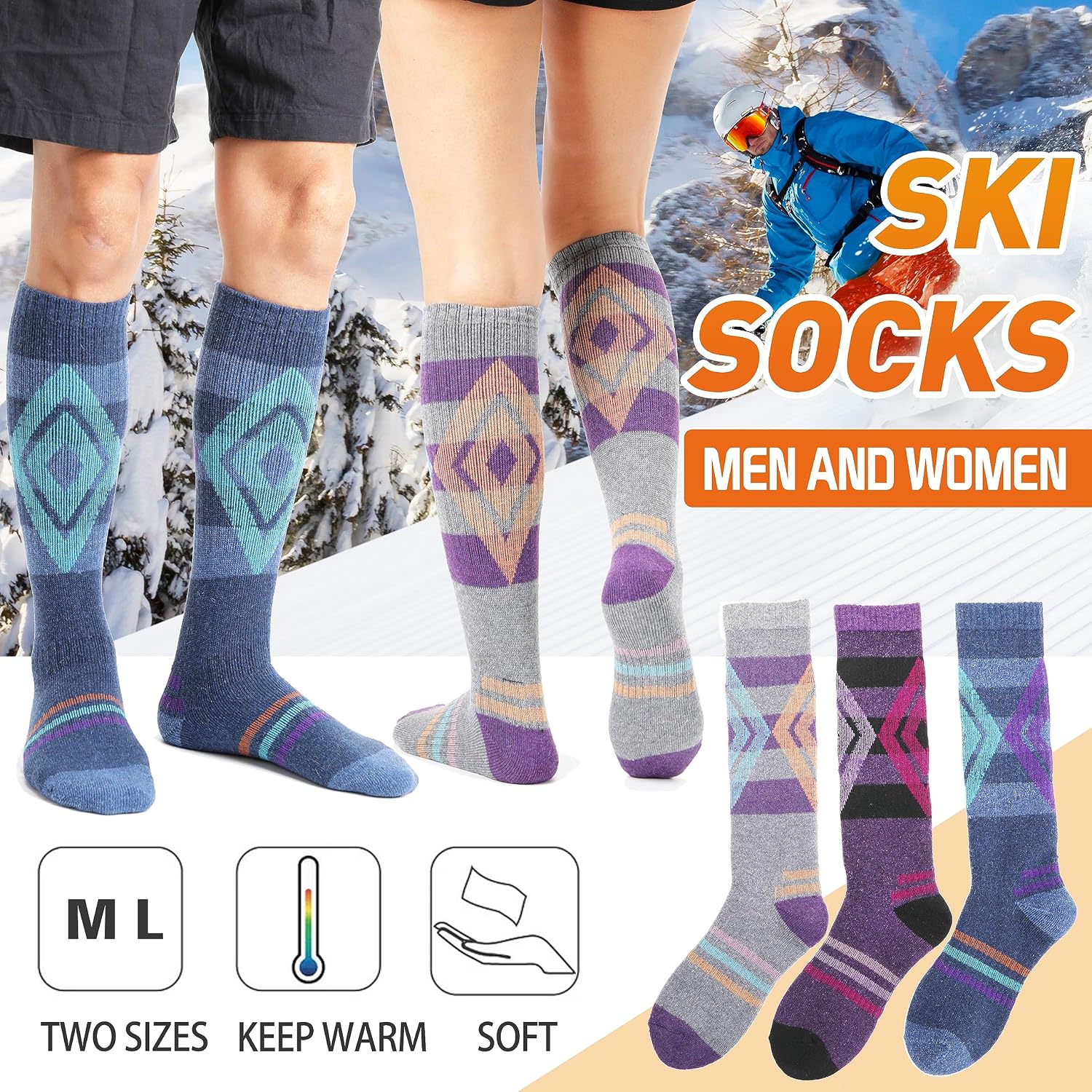 Welwoos 3 Pairs Merino Wool Ski Socks for Womens Mens Thermal Winter Warm Thick Knee High Socks for Skiing Snowboarding
