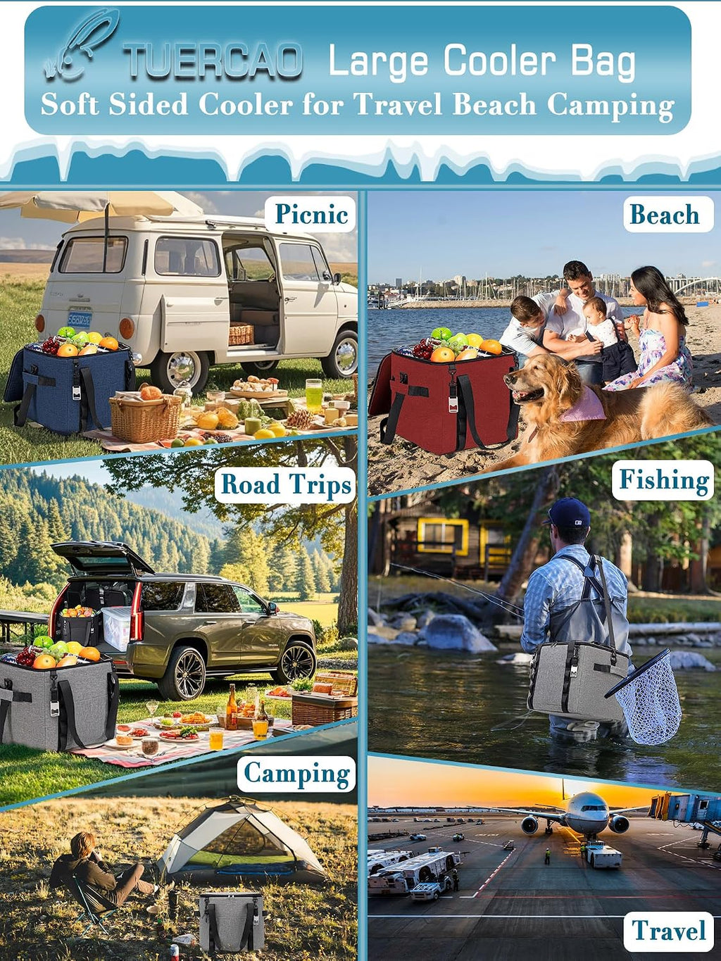 Insulated Soft Cooler Bag 12"x12"x12" Large Leakproof Soft Sided Ice Chest for Travel Beach Camping, 50 Cans Portable Cooler Box for Grocery Shopping, Road Trips