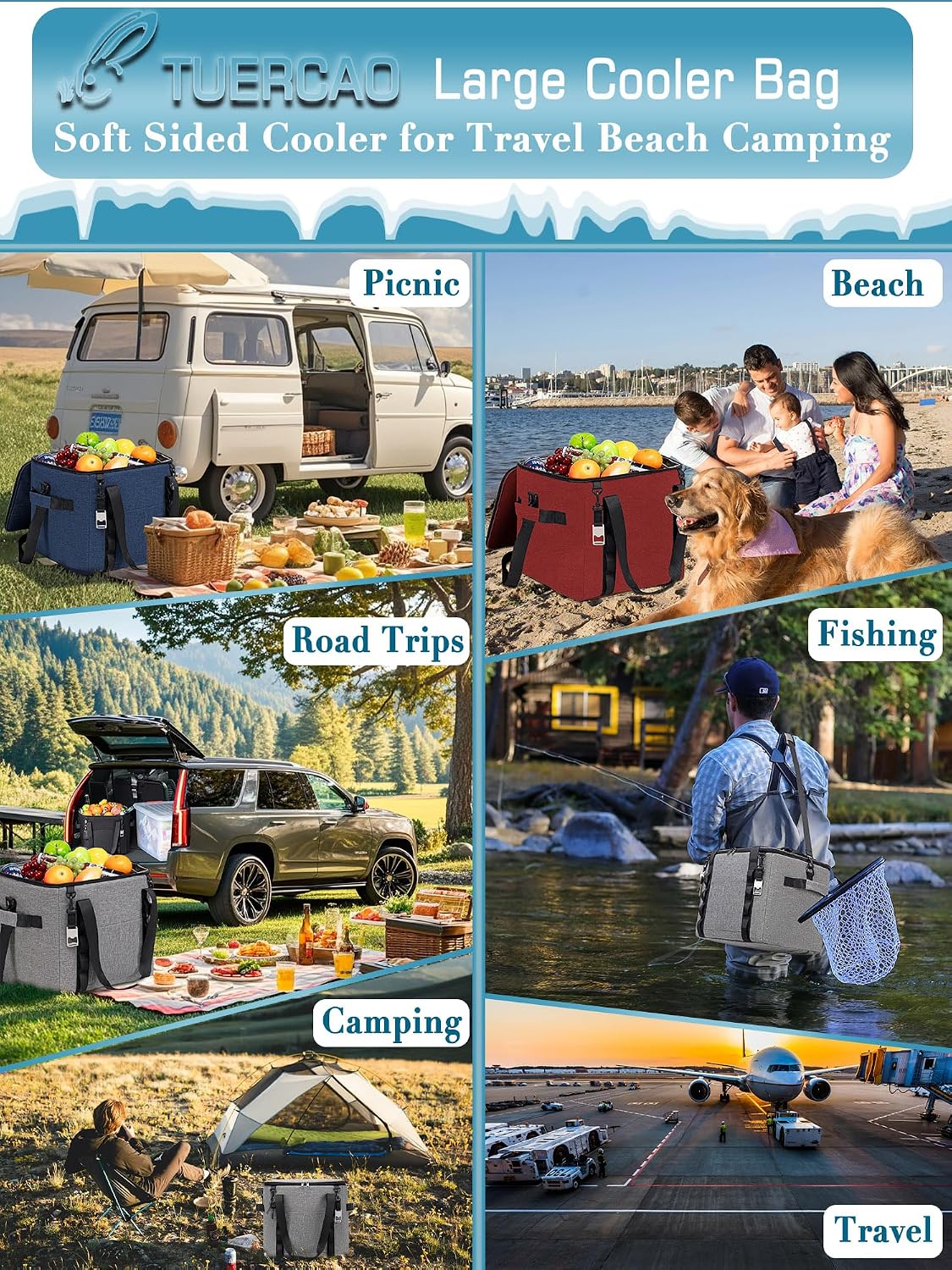 Insulated Soft Cooler Bag 12"x12"x12" Large Leakproof Soft Sided Ice Chest for Travel Beach Camping, 50 Cans Portable Cooler Box for Grocery Shopping, Road Trips