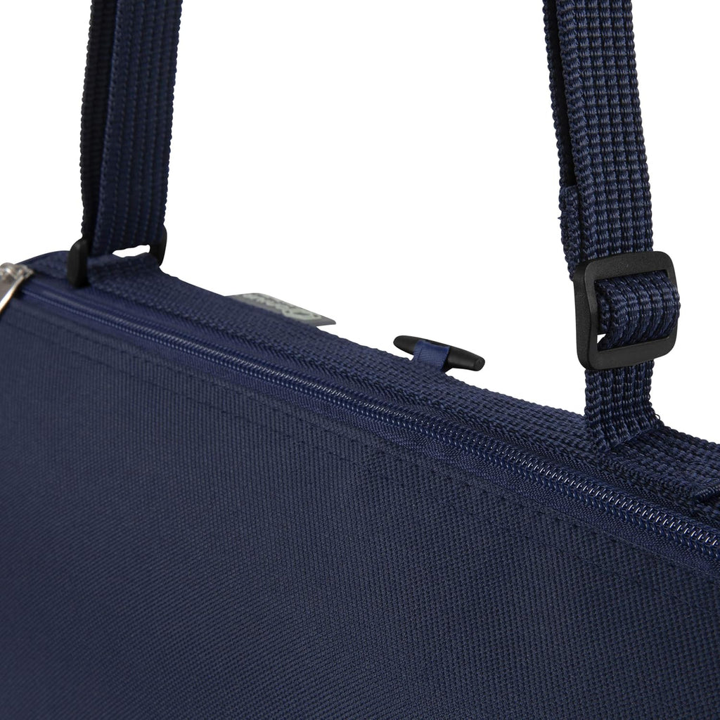 ONIVA Blanket Tote XL Outdoor Picnic Blanket, 70"x80" Foldable Beach Blanket with Fleece Top, Water-Resistant Backing, Strap & Pocket, Portable Mat for 4-5 People by Picnic Time (Blue Stripe/Navy Flap)