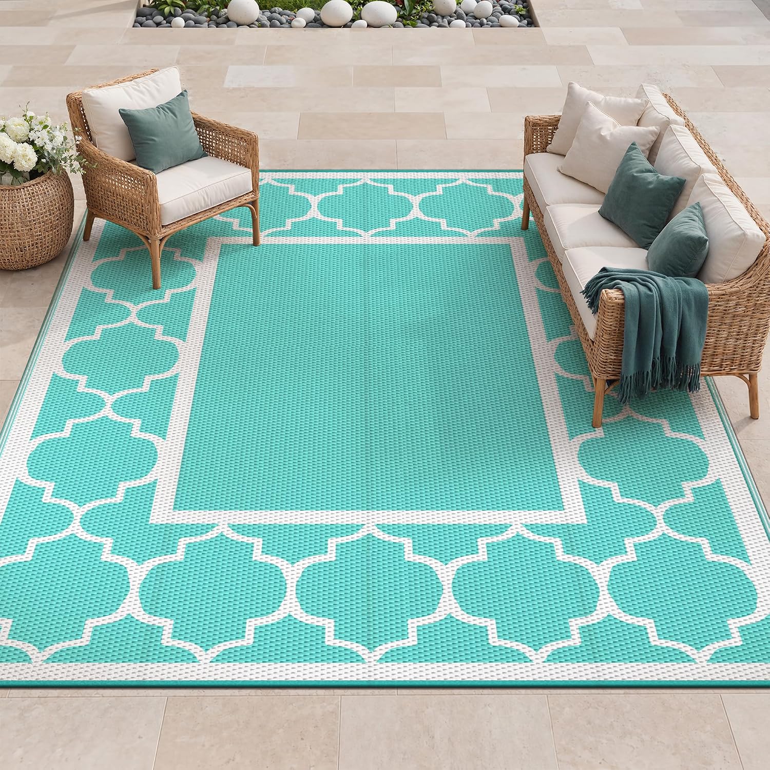 GENIMO Outdoor Rug, Waterproof Plastic Rugs for Patio, 8'x10' Aqua Blue