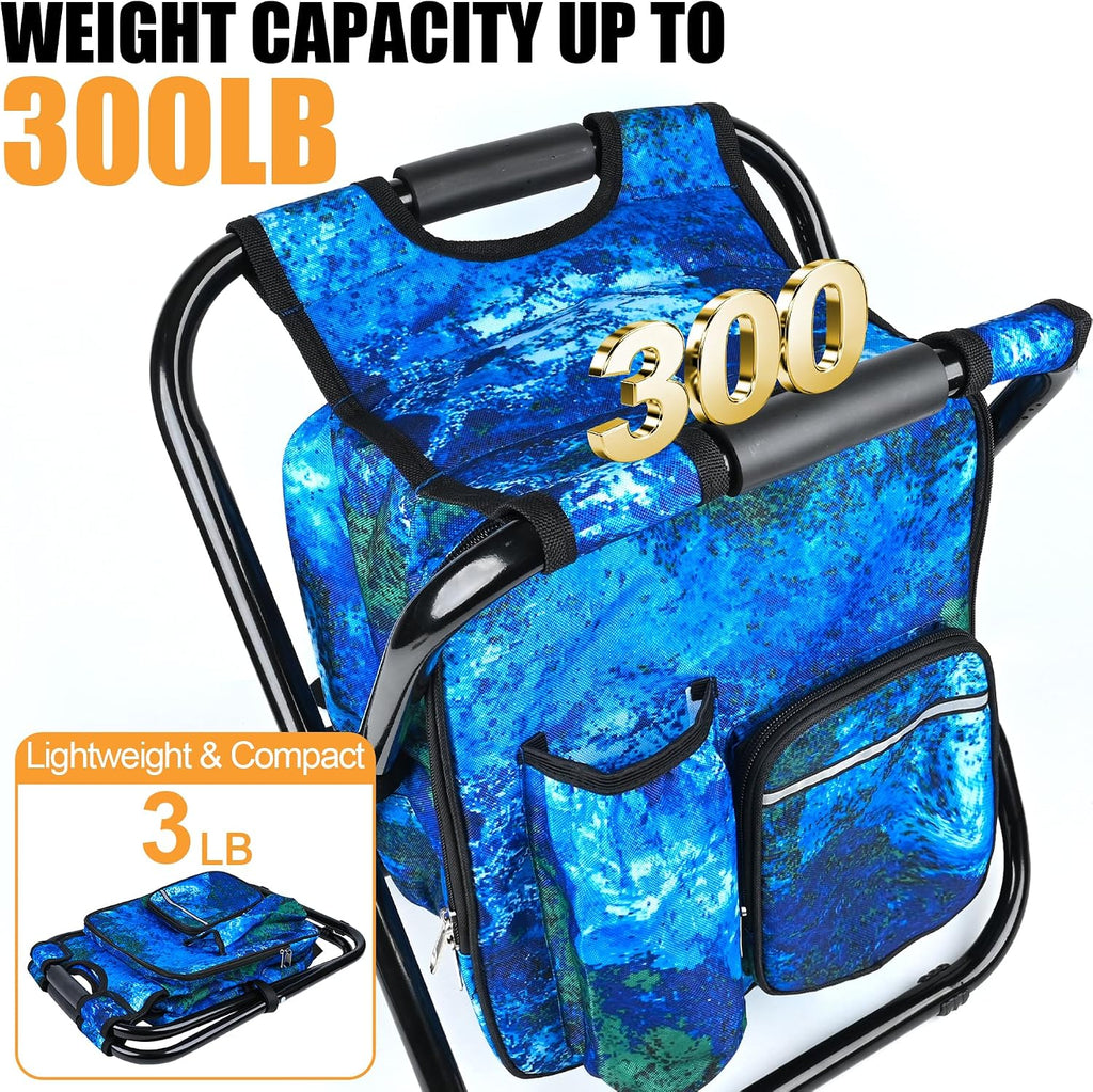 Kikerike Backpack Stool Cooler Chair Heavy Duty 300 LBS Max Load Portable Lightweight Stool Backpack Folding Fishing Cooler Seat for Camping Hunting Fishing - Ocean