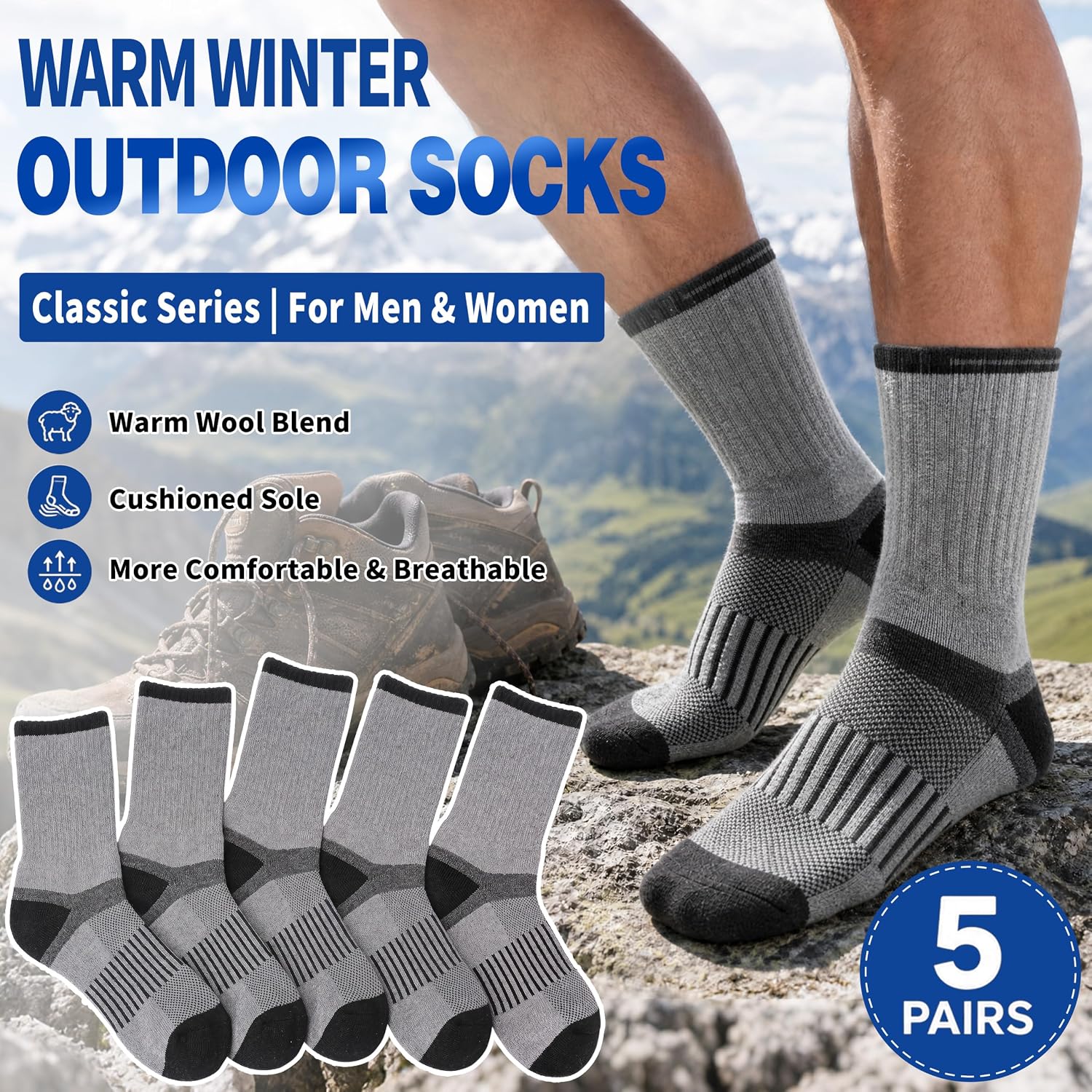 MOGGEI 5 Pairs Merino Wool Hiking Socks Warm Thermal Winter Cozy Cushioned Moisture Wicking Socks for Women & Men