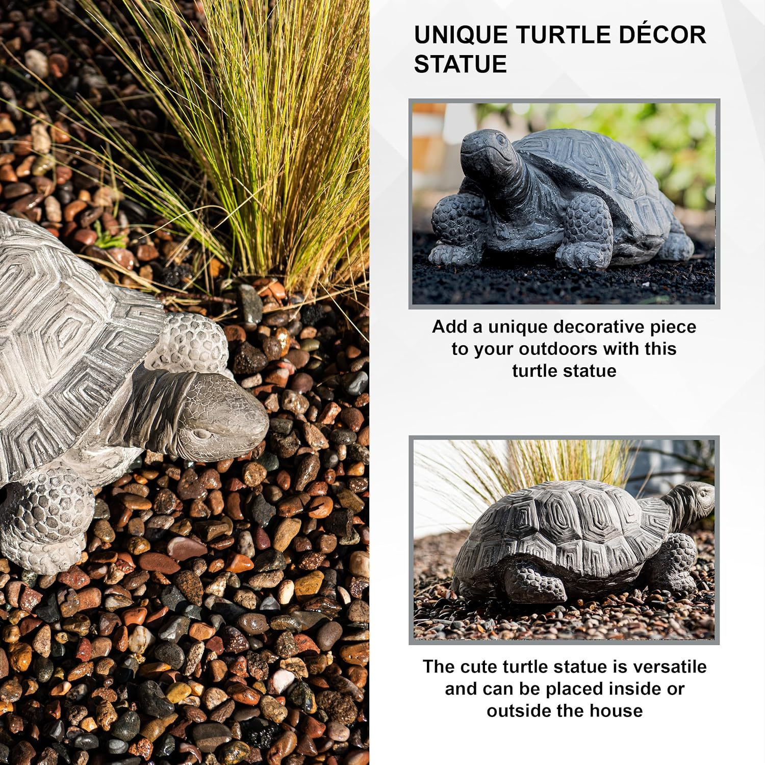 XBrand 16.1" L Grey Polystone Walking Turtle Statue, Indoor Outdoor Décor, Living Room Décor, Turtles Sculptures, Yard Statues