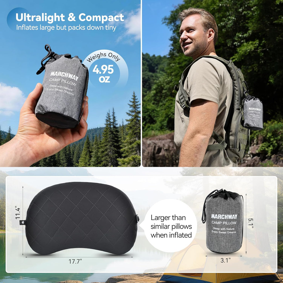 MARCHWAY Ultralight Inflatable Camping Pillow with Soft Washable Cover, Compact Compressible Portable Travel Air Pillow for Outdoor Camp, Sport, Hiking, Backpacking Sleep (Black)